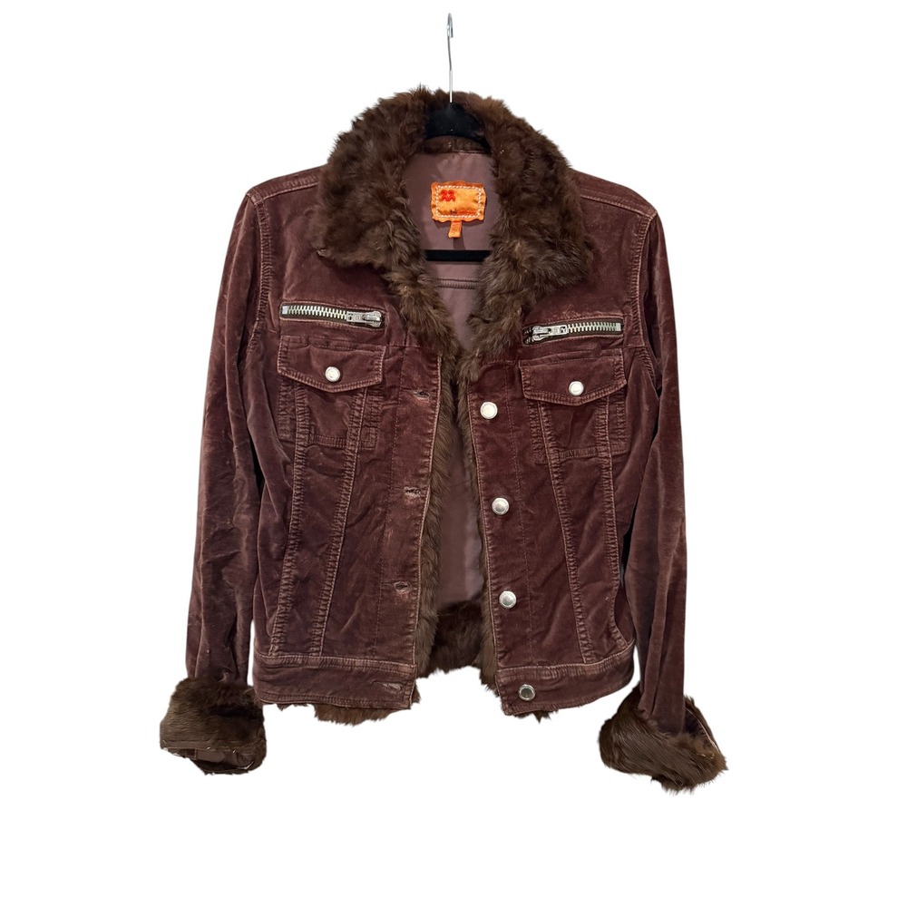 Two Twenty Two Brown Corduroy Jacket Genuine Rabbit Fur Trim Y2K Small